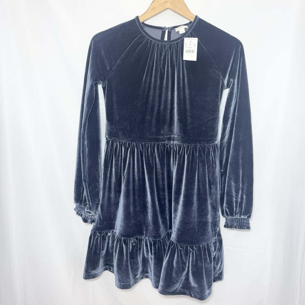 NWT J. Crew Crewcuts Tiered Velvet Dress Blue Long Sleeve Girls Size Large